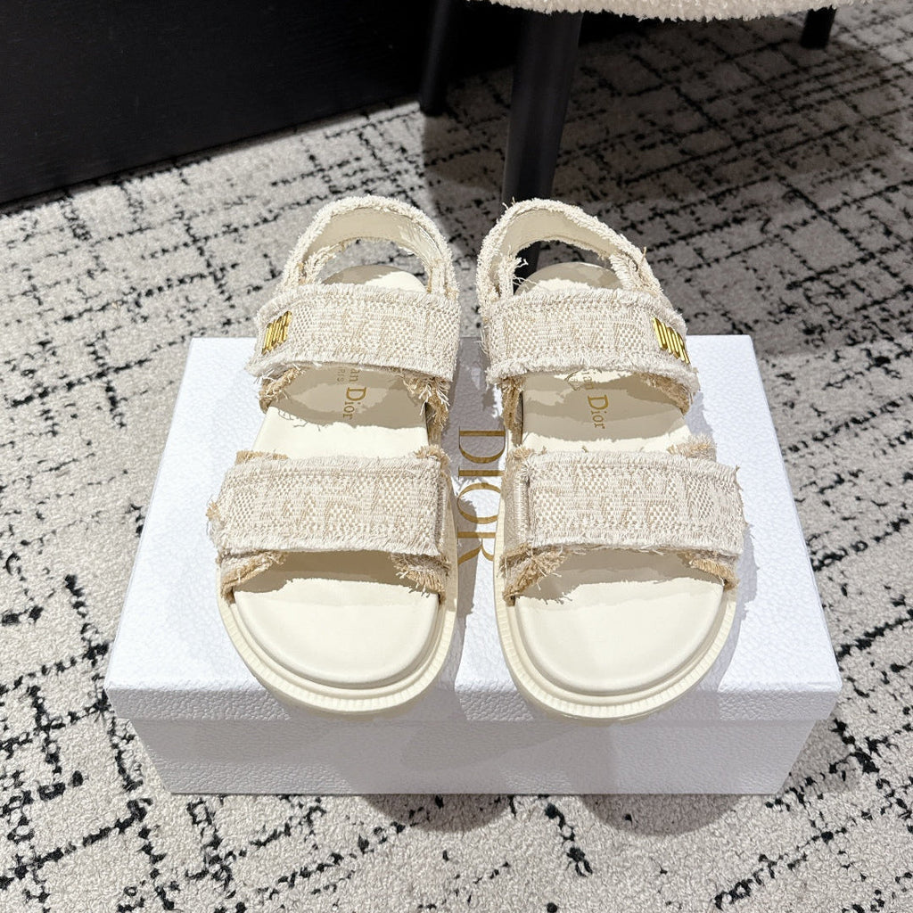 DIOR BACK-STRAP SANDALS 25S IN CREAM WHITE TWEED AND CALFSKIN WITH GOLD HARDWARE