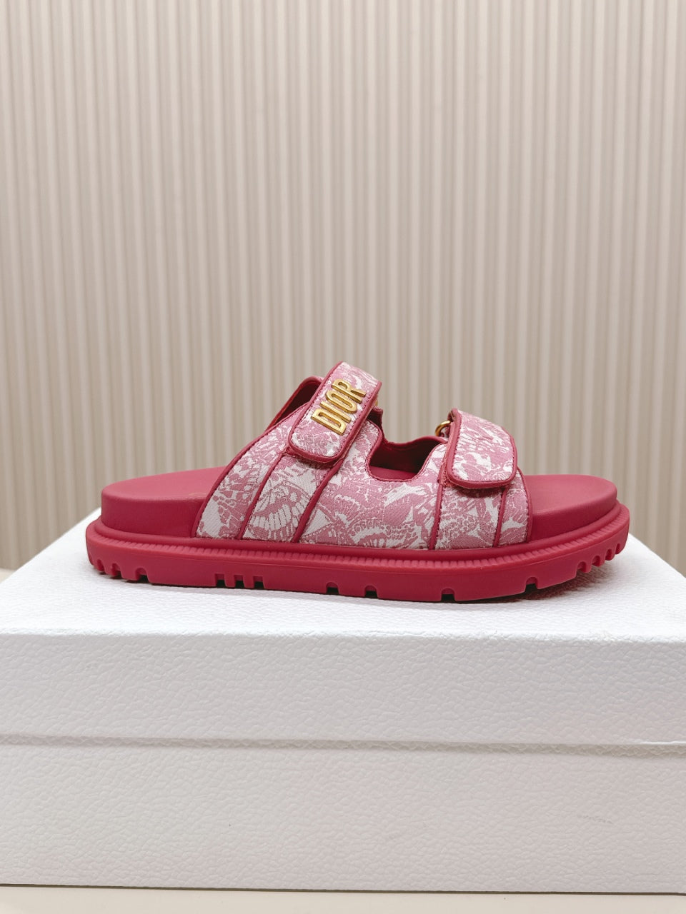 DIOR CLASSIC DOUBLE-STRAP SLIDES 25S IN DARK PINK FABRIC AND CALFSKIN
