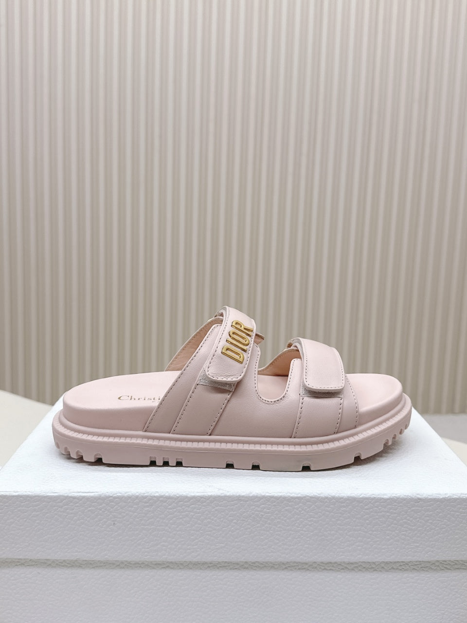 DIOR CLASSIC DOUBLE-STRAP SLIDES 25S IN PASTEL PINK CALFSKIN WITH GOLD HARDWARE