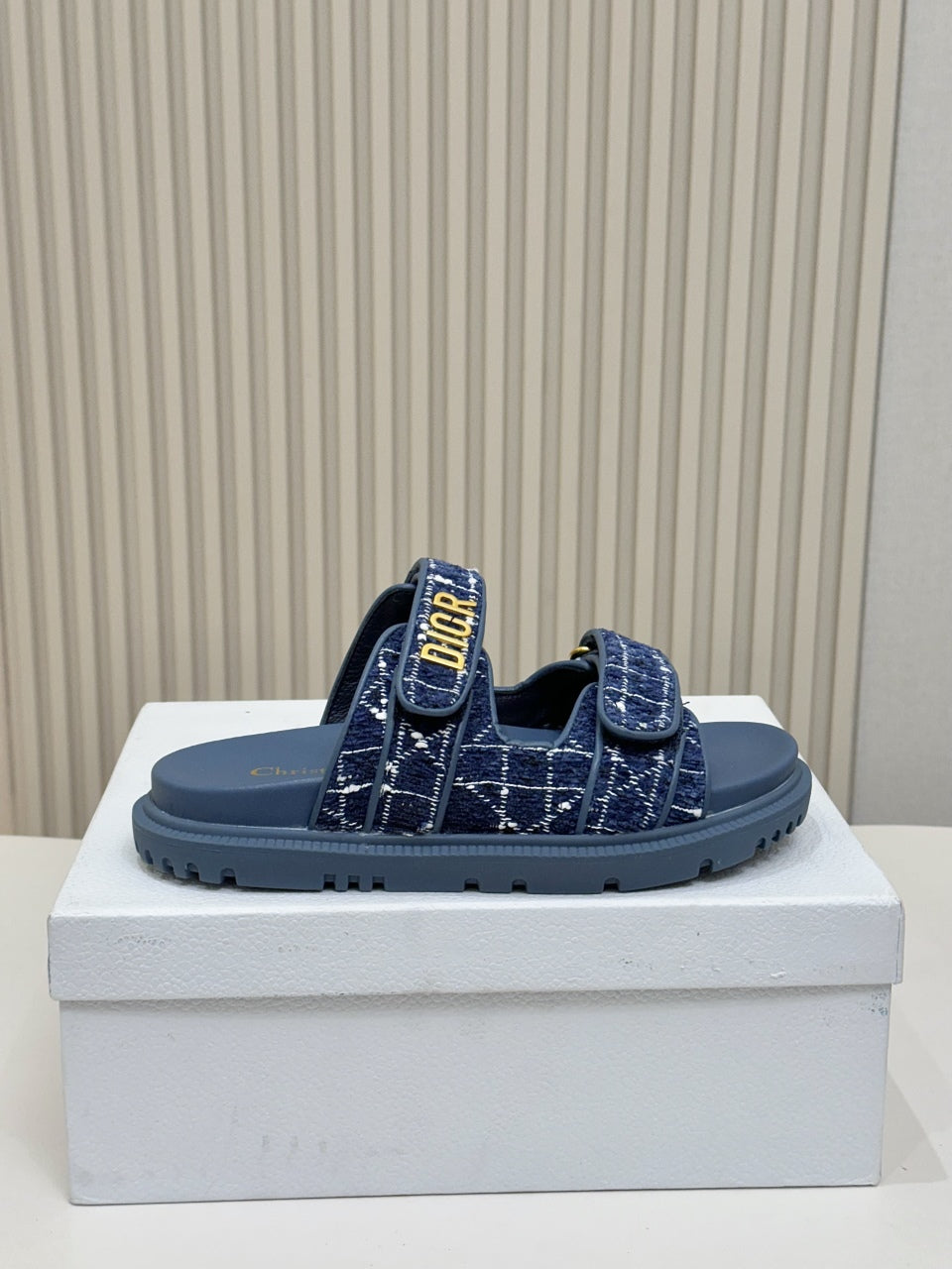 DIOR CLASSIC DOUBLE-STRAP SLIDES 25S IN NAVY BLUE TWEED AND CALFSKIN