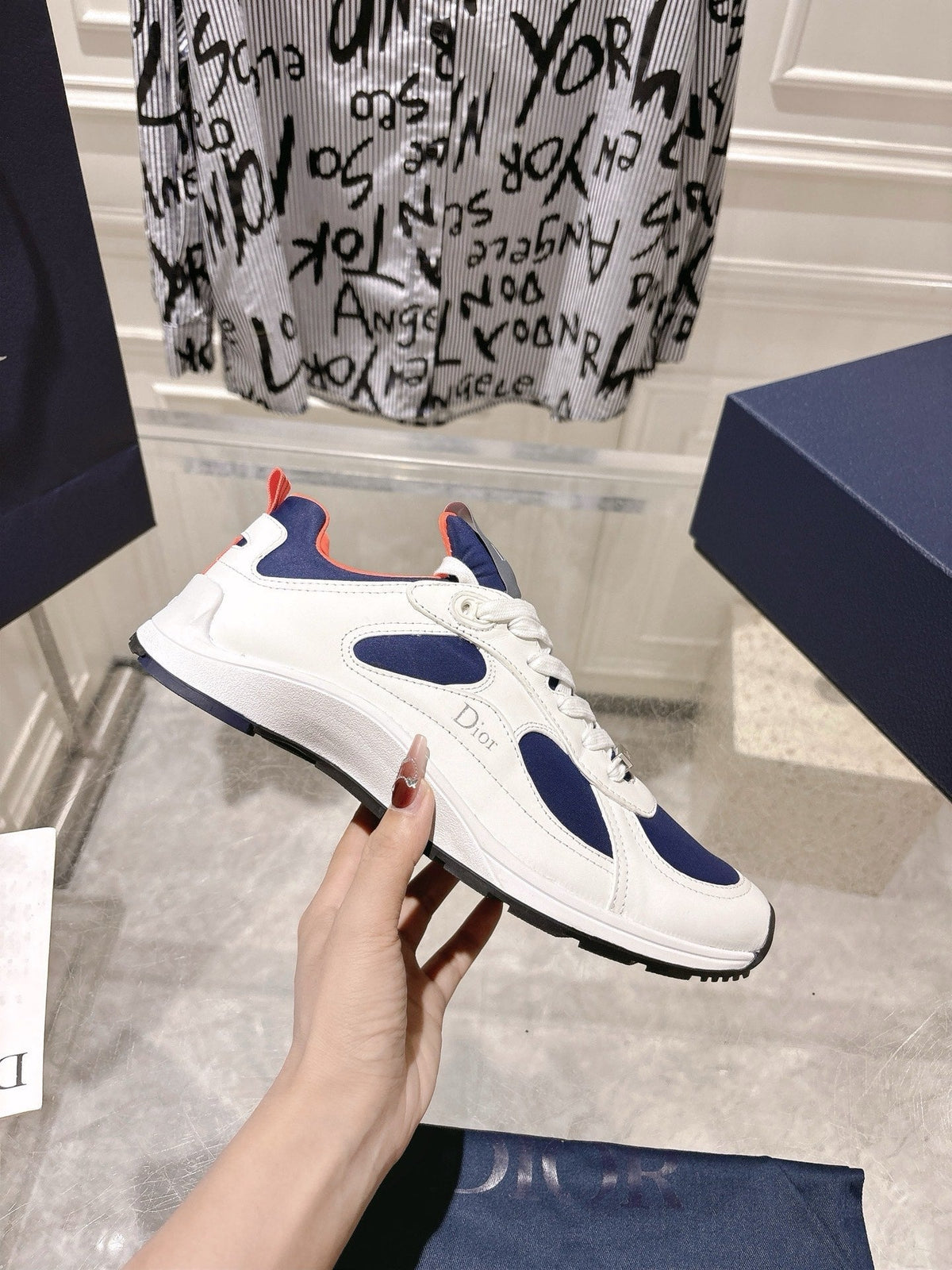 DIOR 25S MILE SERIES SNEAKERS 25MM IN WHITE BLUE CALFSKIN