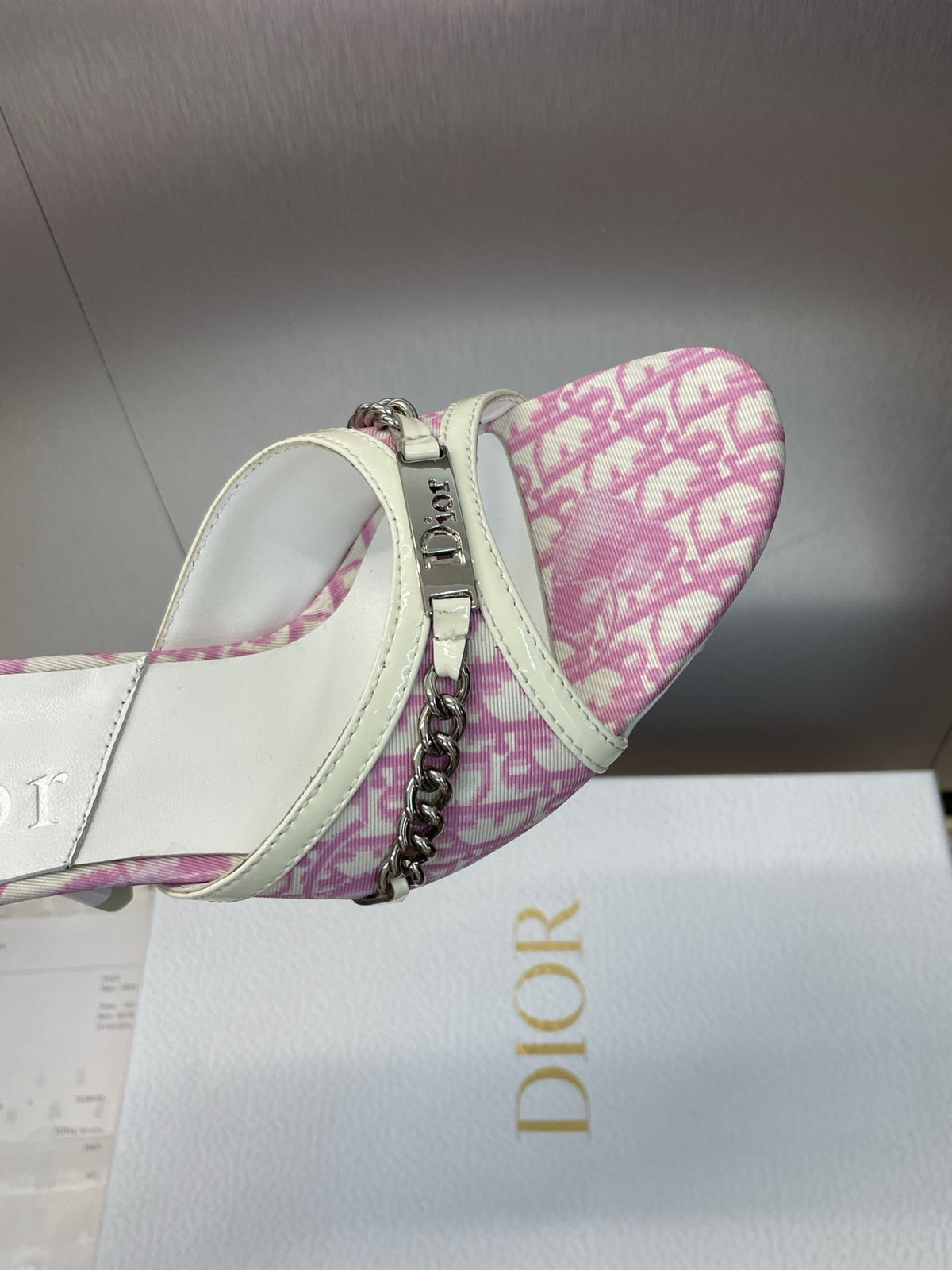 DIOR 25S HIGH HEELS PUNK 85MM IN PINK WHITE CALFSKIN AND CANVAS