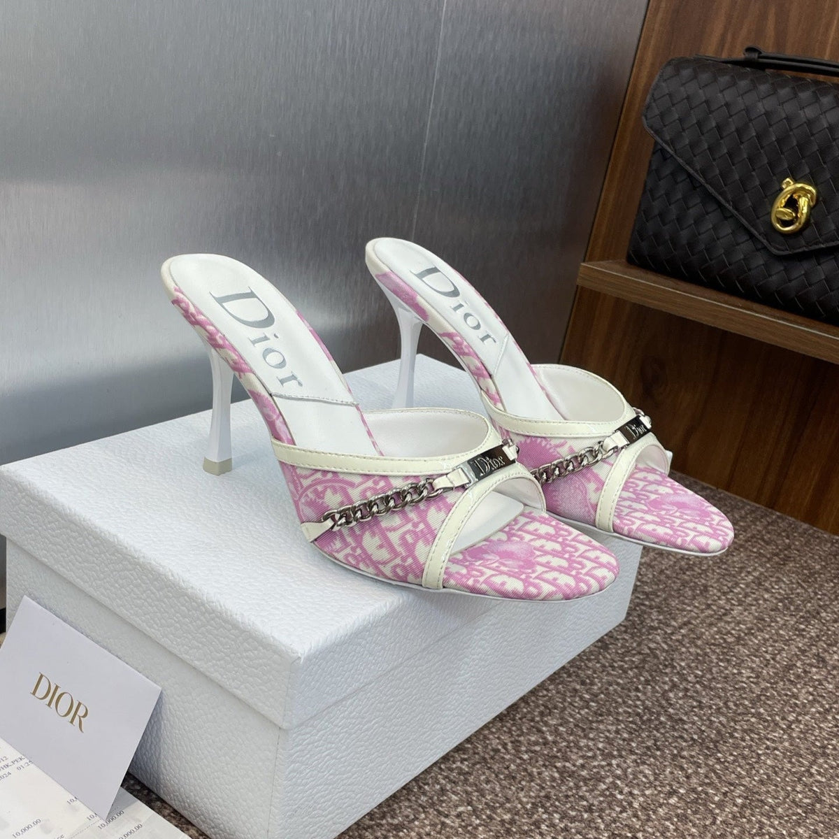 DIOR 25S HIGH HEELS PUNK 85MM IN PINK WHITE CALFSKIN AND CANVAS