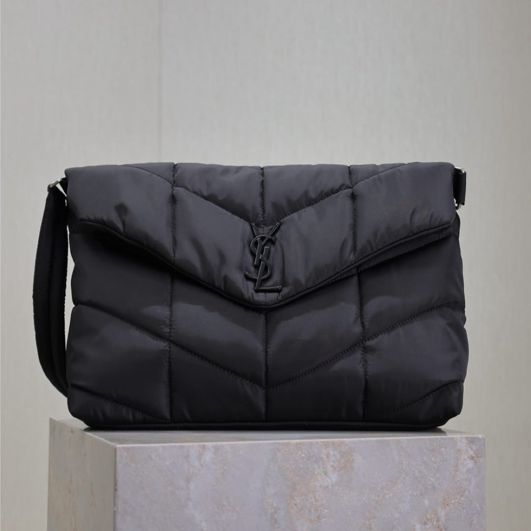YSL 25S LOULOU PUFFER BAG 34 IN BLACK NYLON BLACK HARDWRE